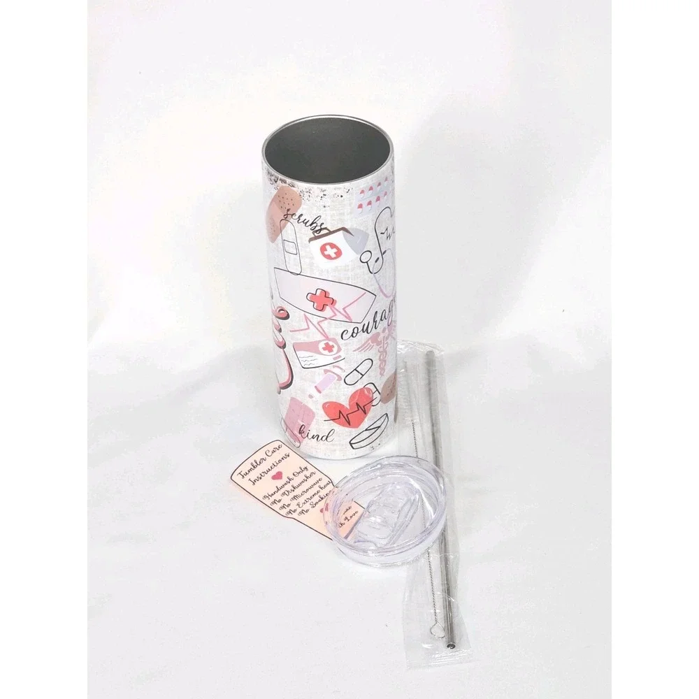 New Nurse Life Pink Stainless Steel  Skinny 20oz Tumbler Lid & Plastic Straw